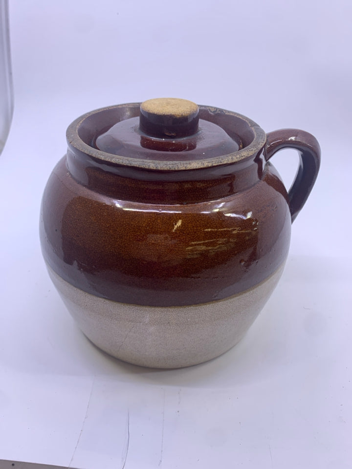 VTG BROWN/CREAM BEAN POT W/ LID ROBINSON RANSBOTTOM POTTERY.
