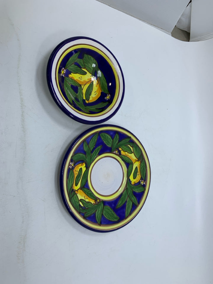 2 PC COBALT BLUE W/ LEMONS DISH/PLATE.