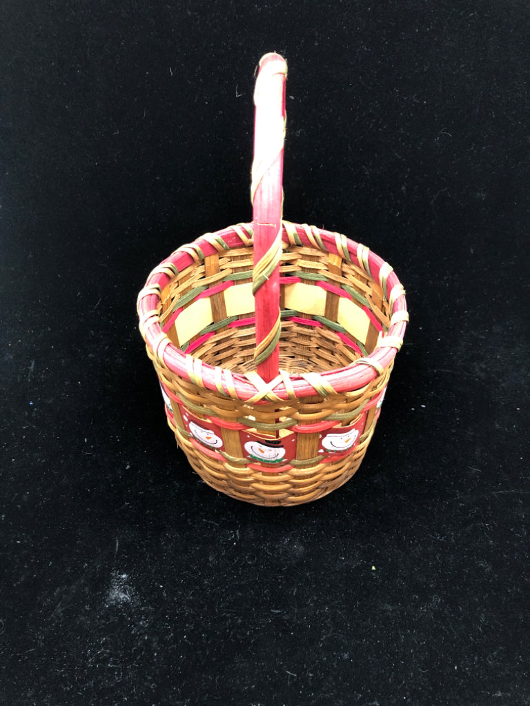 RED AND TAN SNOWMAN WICKER BASKET.