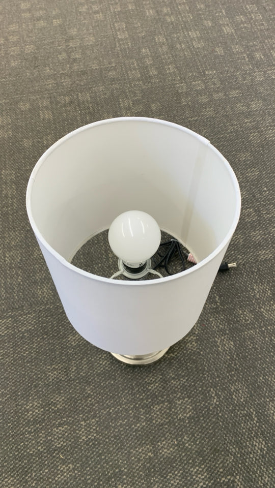 SILVER BASE LAMP W/WHITE SHADE.
