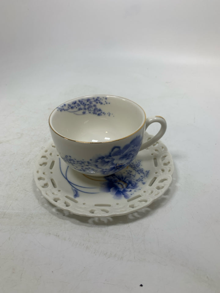 BLUE FLOWER TEACUP W/ LACE SAUCER.