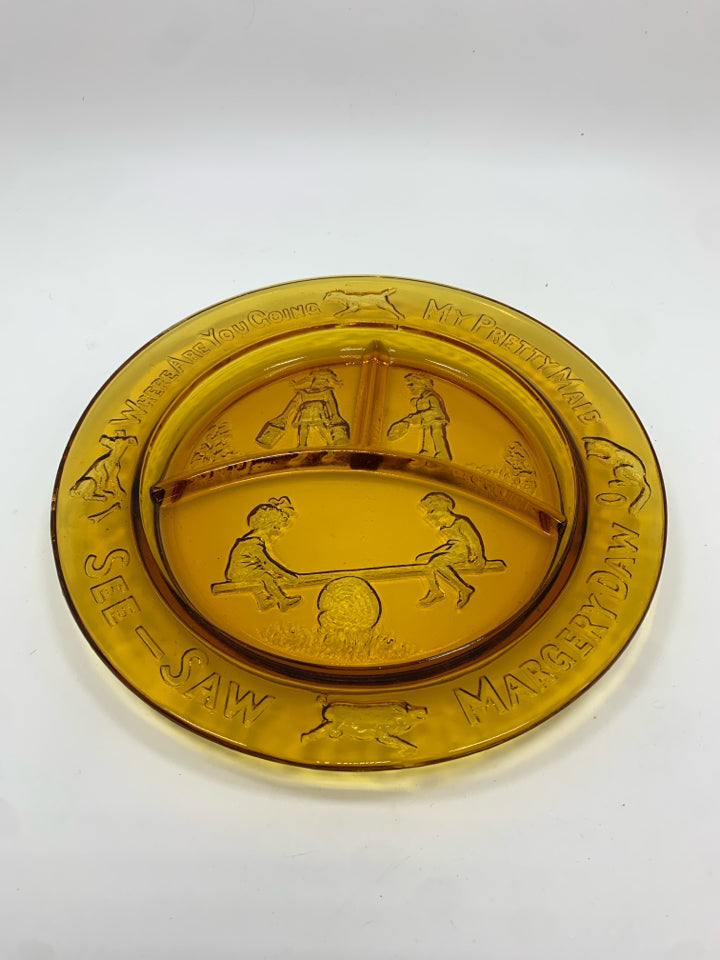 VTG AMBER GLASS DIVIDED MARGERY DAW PLATE.