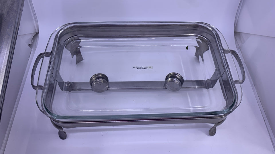 SILVER METAL RECTANGLE CHAFING DISH W GLASS INSERT AND LID.