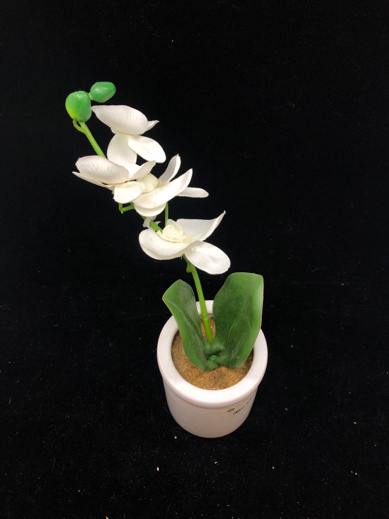 FAUX ORCHID IN WHITE POT.