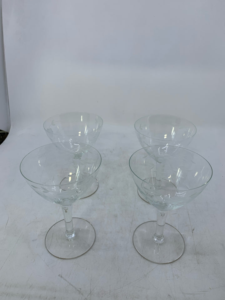 4 DELICATE SHORT WINE GLASSES W/ ETCHED FLOWERS.