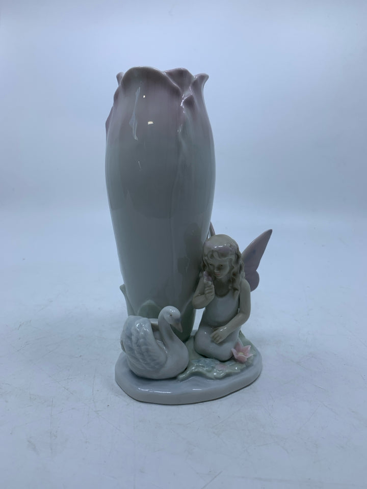 TULIP SHAPED VASE W/ FAIRY & SWAN AT BASE.