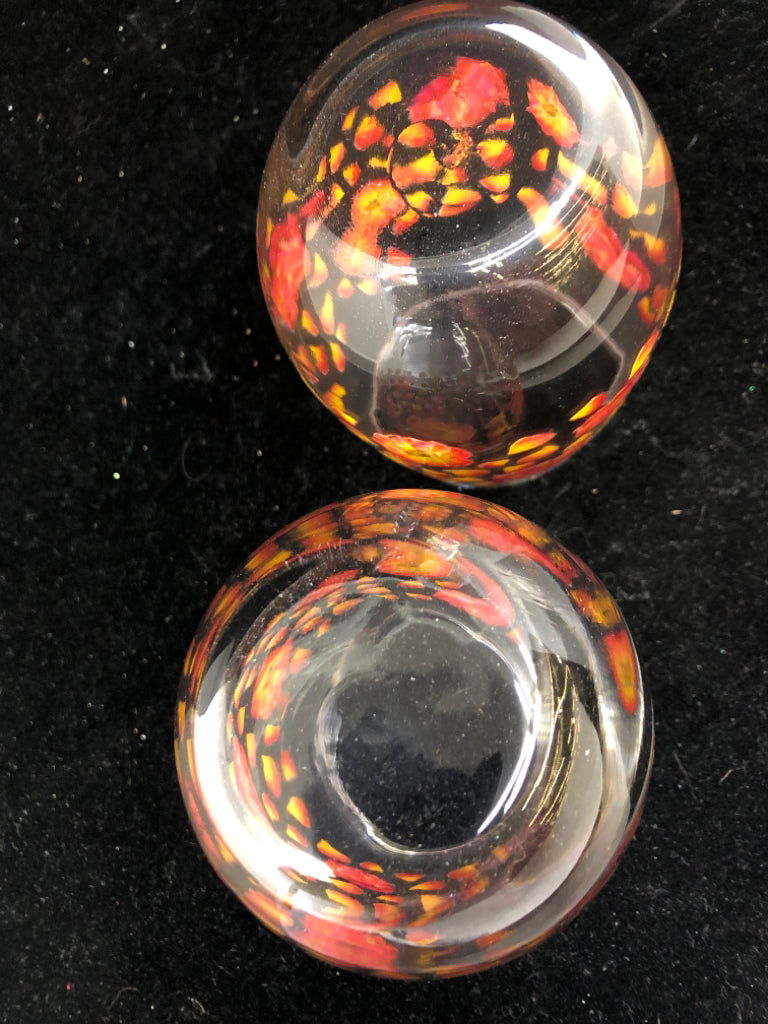 2 STEMLESS RED/ORANGE FLOWERS GLASSES.
