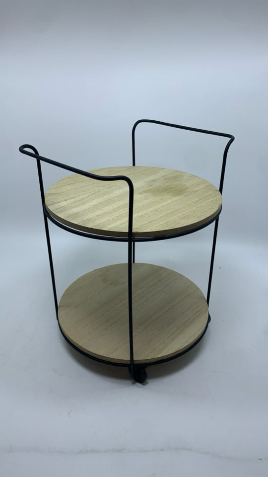 2 TIER ROUND WOOD TRAY W/WHEELS.