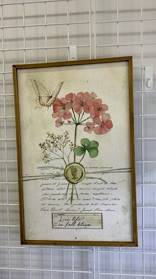 LIVE LIFE IN BLOOM FLORAL WALL ART IN WOOD FRAME.