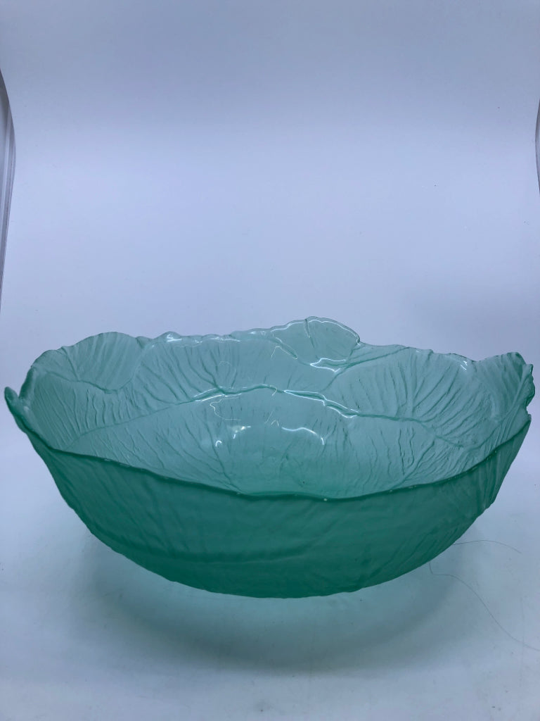 GREEN GLASS CABBAGE SERVING BOWL.