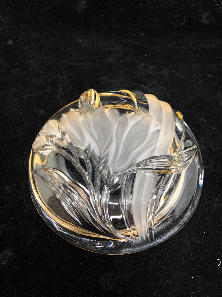 GLASS DISH W/FROSTED FLOWER AND GOLD EDGE.
