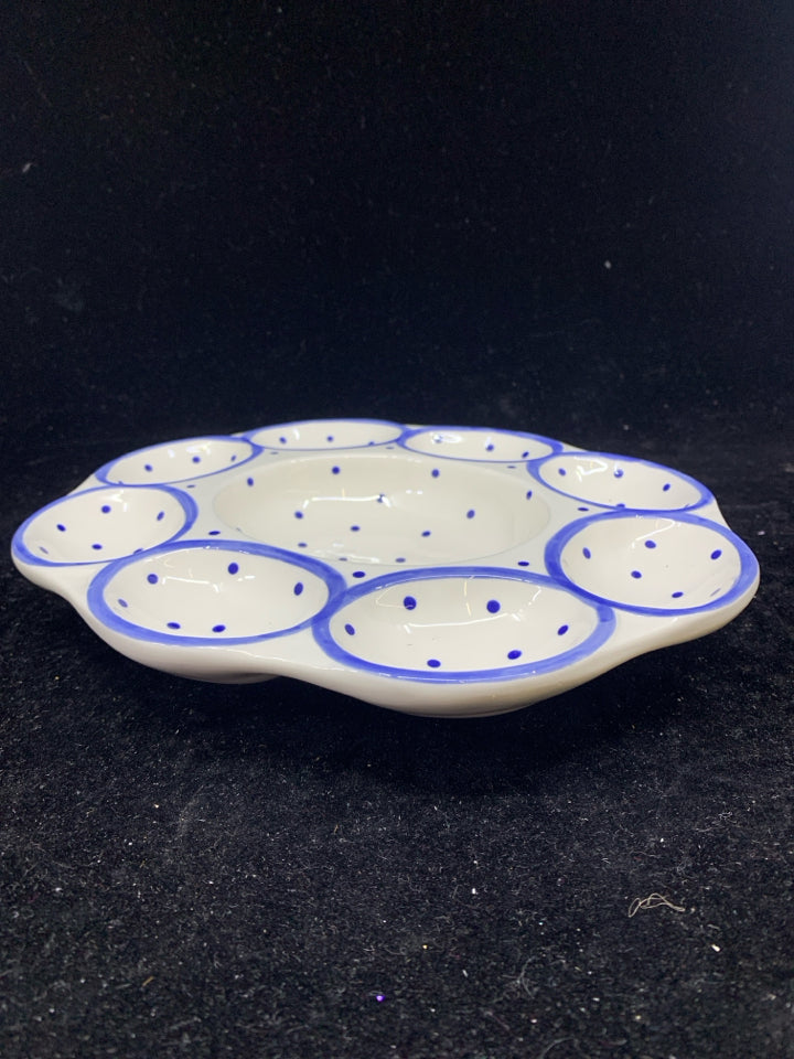 WHITE BLUE POLKA DOT EGG HOLDER.