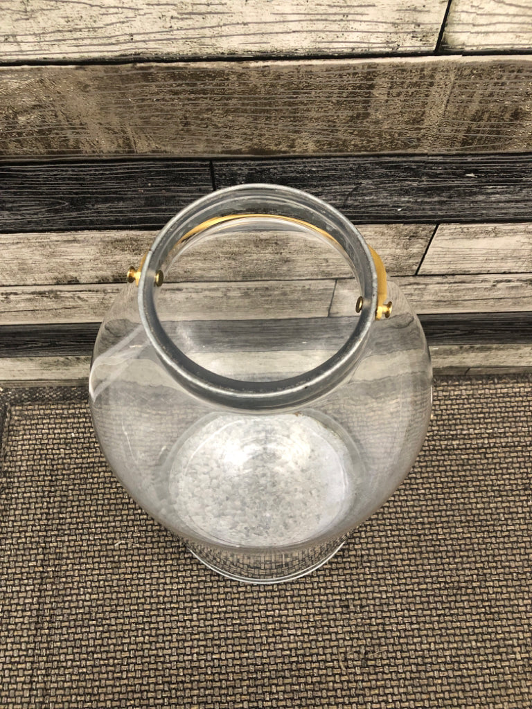 LARGE GLASS AND METAL VASE W HANDLE.