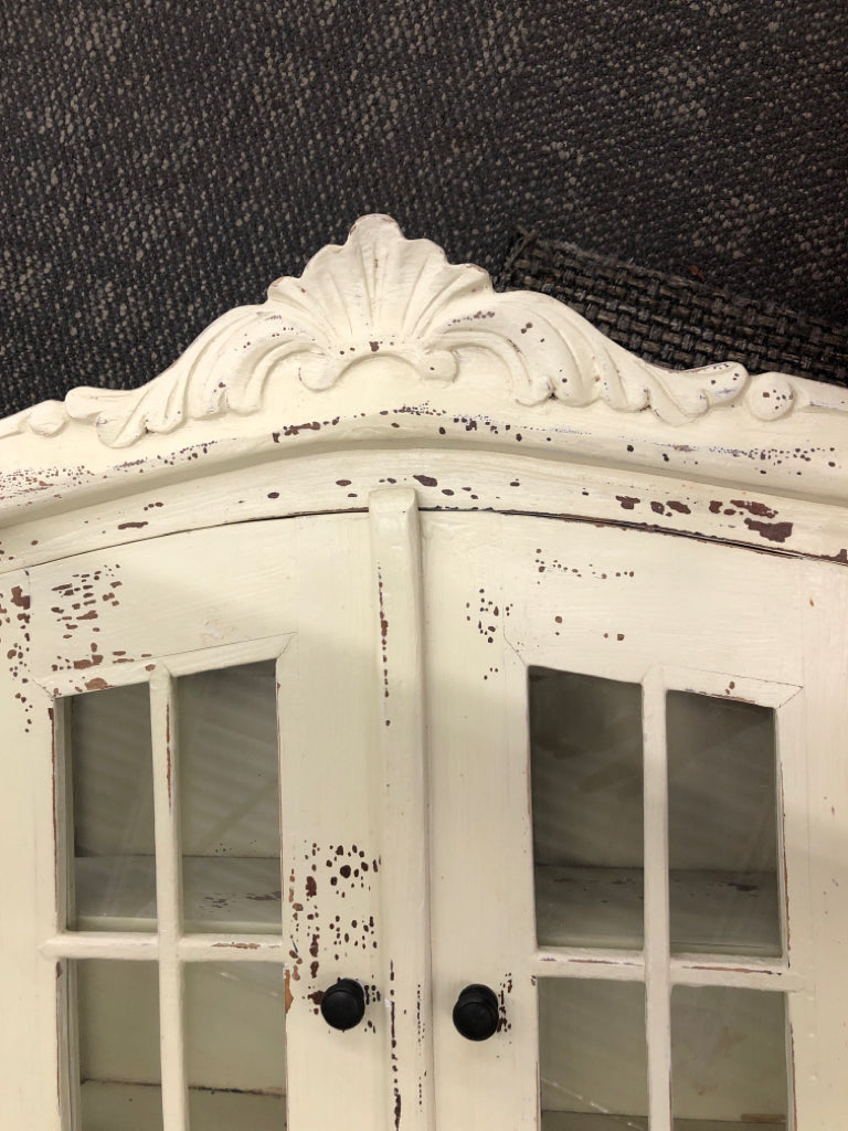 DISTRESSED CREAM MINI CURIO CABINET.