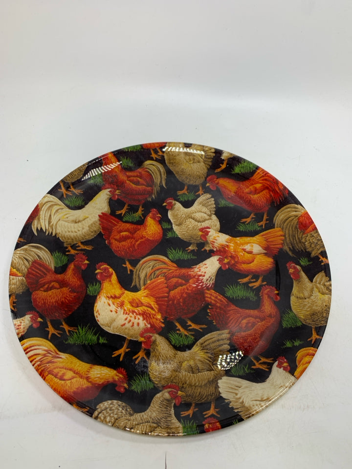 HEAVY GLASS CIRCLE PLATTER W/ ASSORTED COLOR CHICKENS.