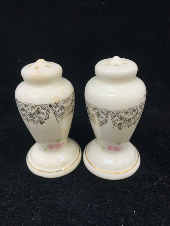 VTG S/P IVORY W/ GOLD DESIGNS PINK FLOWERS.
