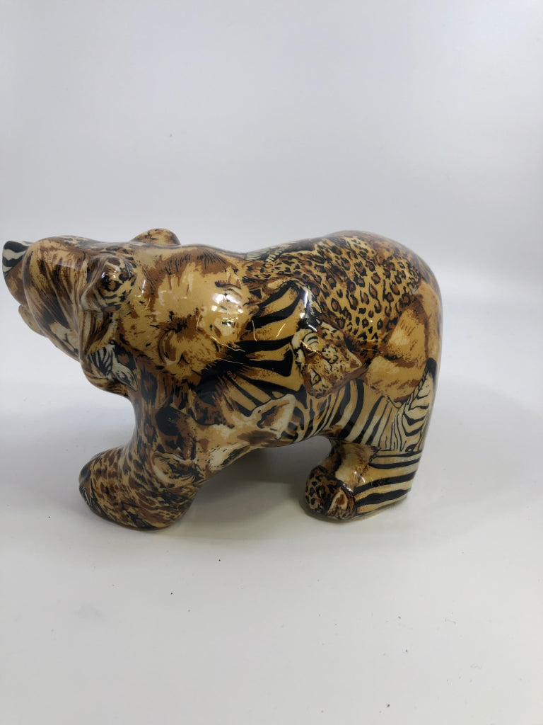 SAFARI PATCHWORK BEAR CERAMIC W/FABRIC OVERLAY GLAZE.