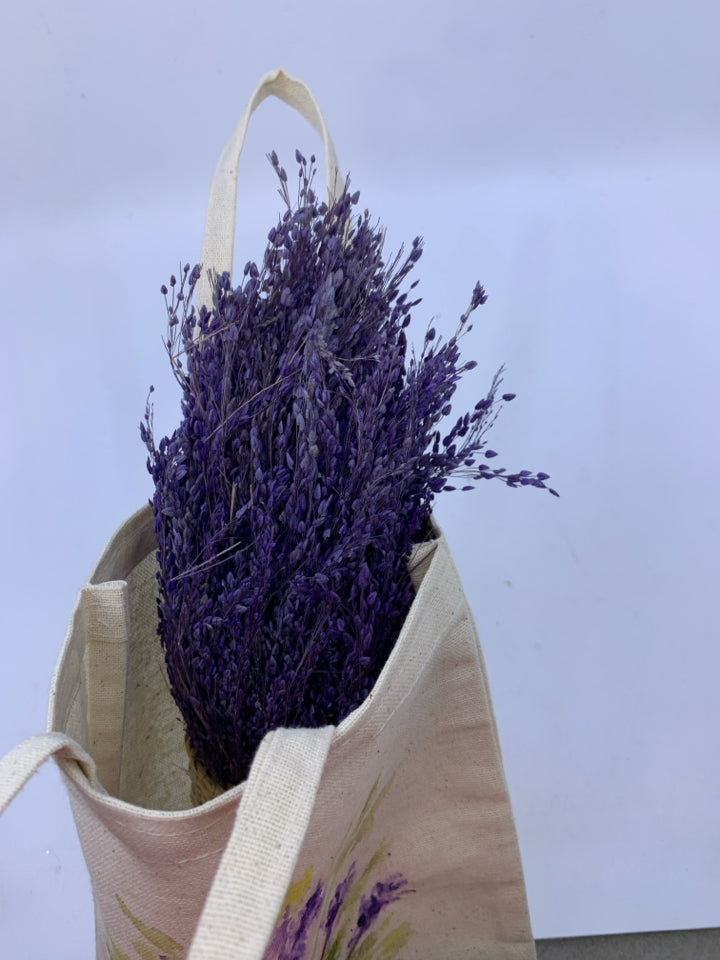 PAINTED LAVENDER TOTE BAG W/ REAL DRIED LAVENDER BUNDLE.