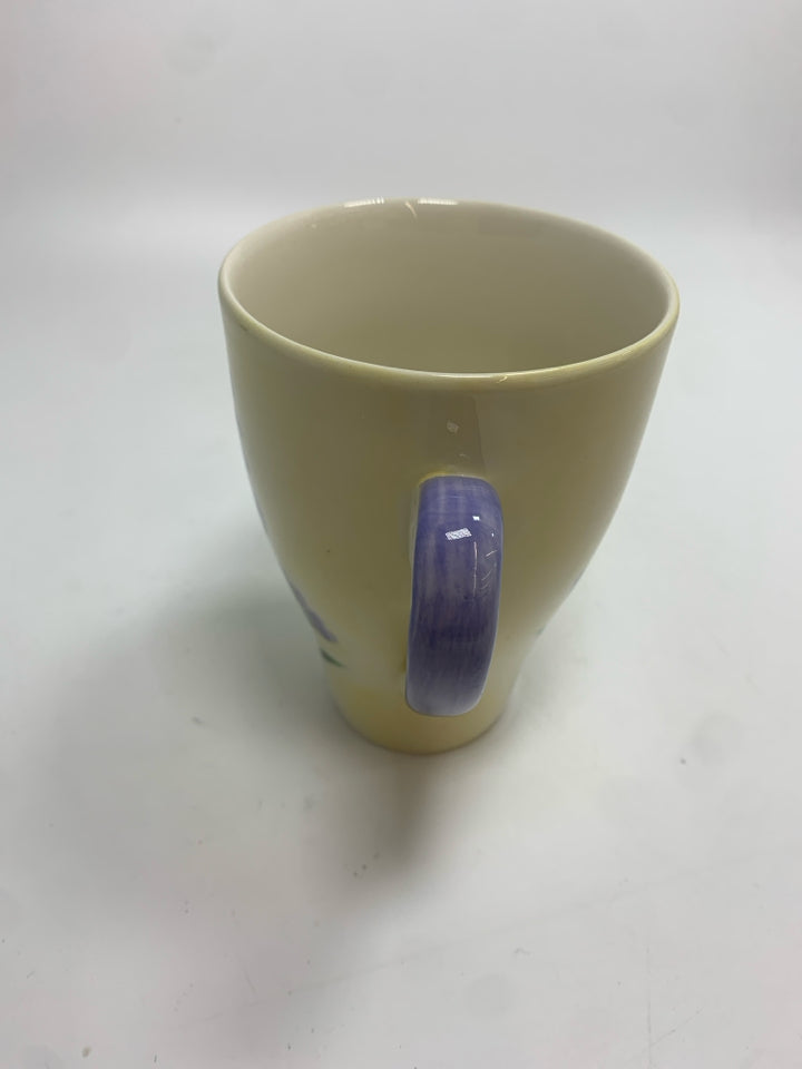 4 PURPLE FLOWER PAINTED COFFEE MUGS.