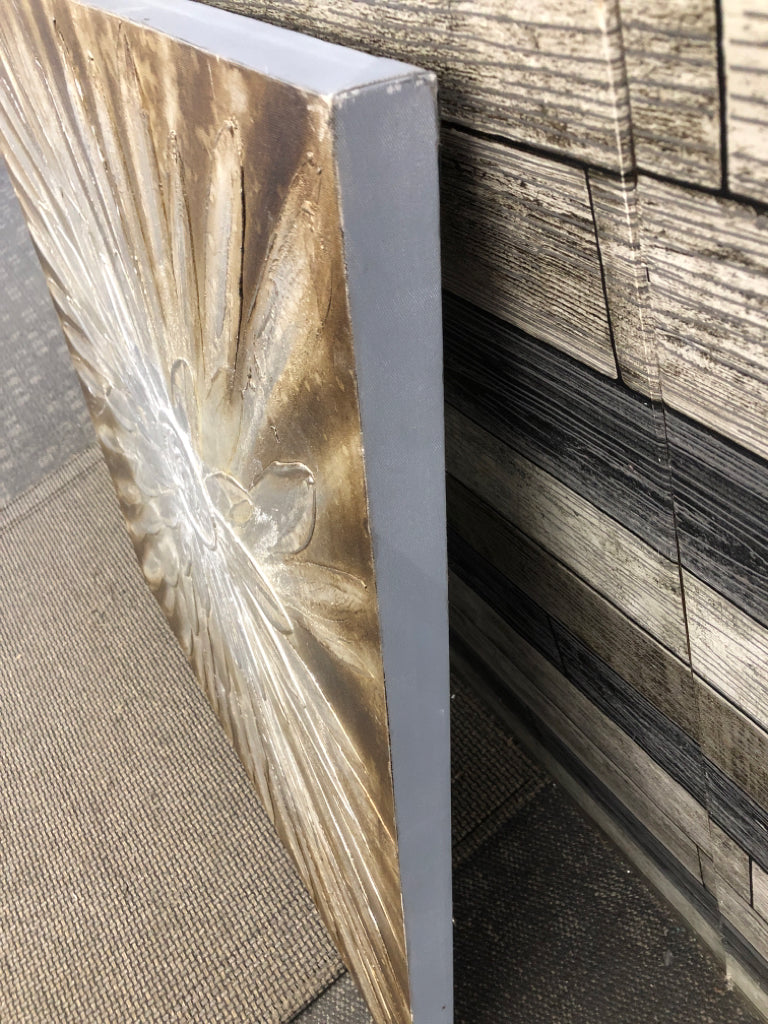 LARGE GREY AND SILVER FLOWER PAINTING ON CANVAS.