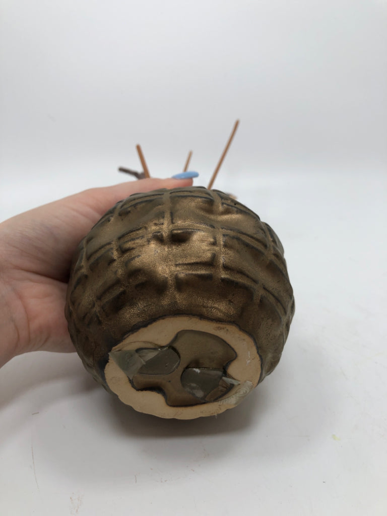 ROUND BRASS PAINTED BUD VASE W/FAUX TWIGS.