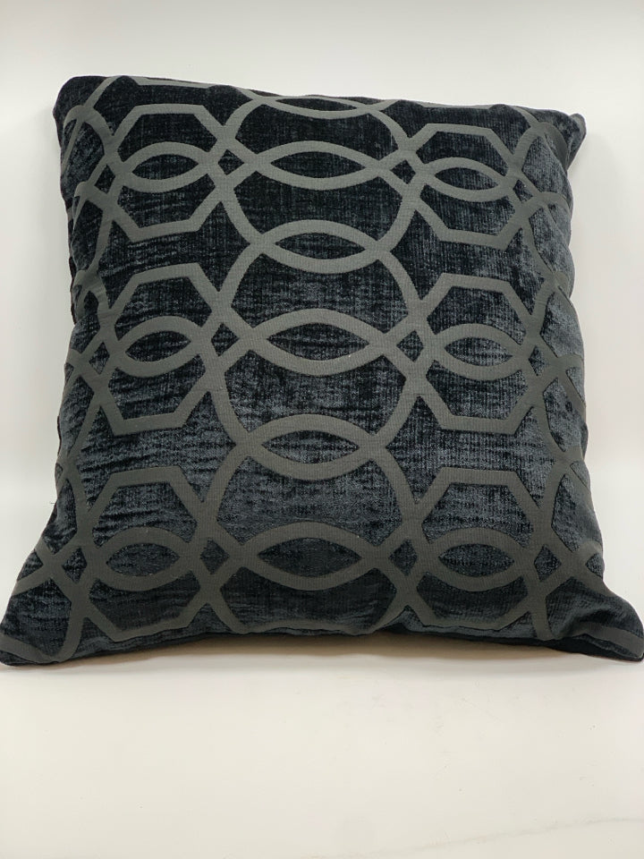 BLACK VELVET PILLOW W/EMBROIDERED LINES.