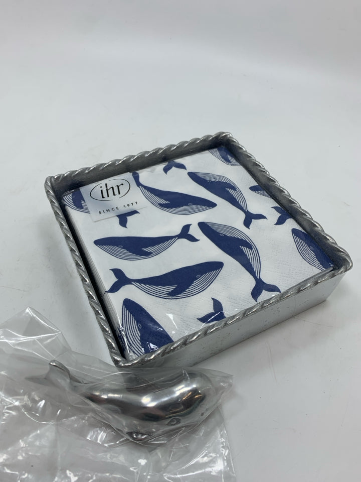 NIB MARIPOSA SILVER NAPKIN HOLDER+WHALE NAPKINS+WHALE PAPERWEIGHT.