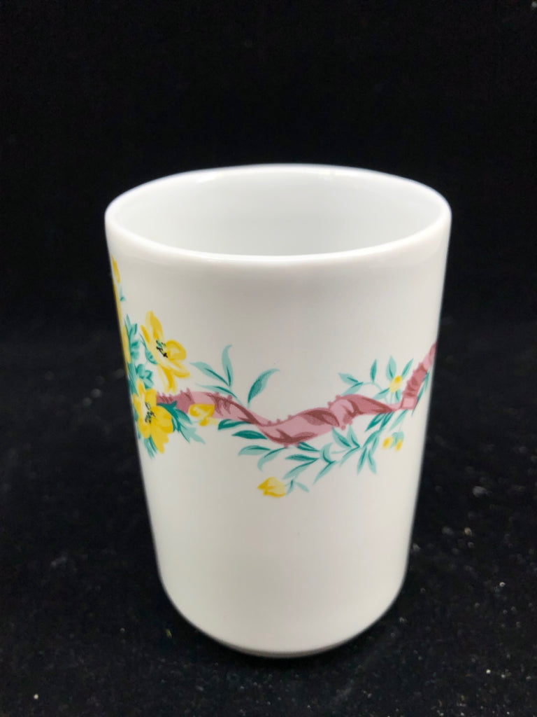 2 PC VTG YELLOW FLORAL TOOTHBRUSH HOLDER AND CUP.