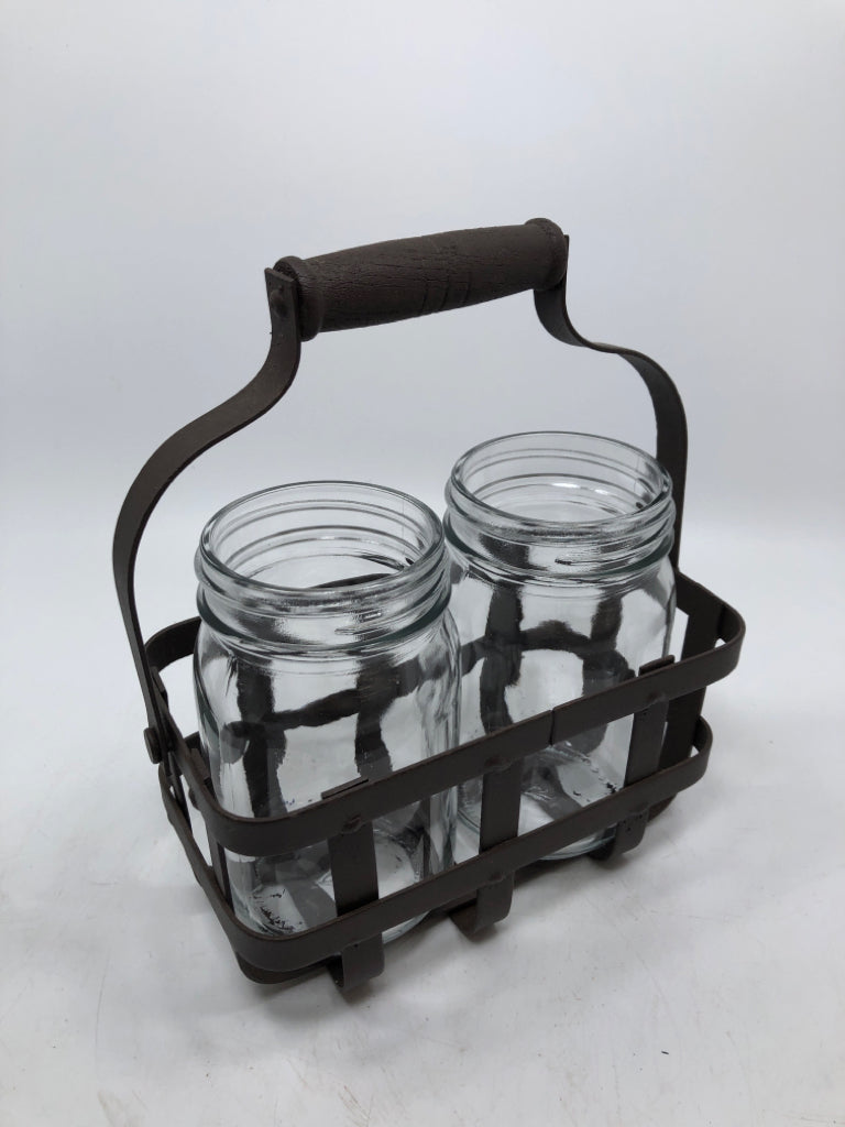 PRIMITIVE CAST IRON BASKET W/TWO MASON JARS DECOR.