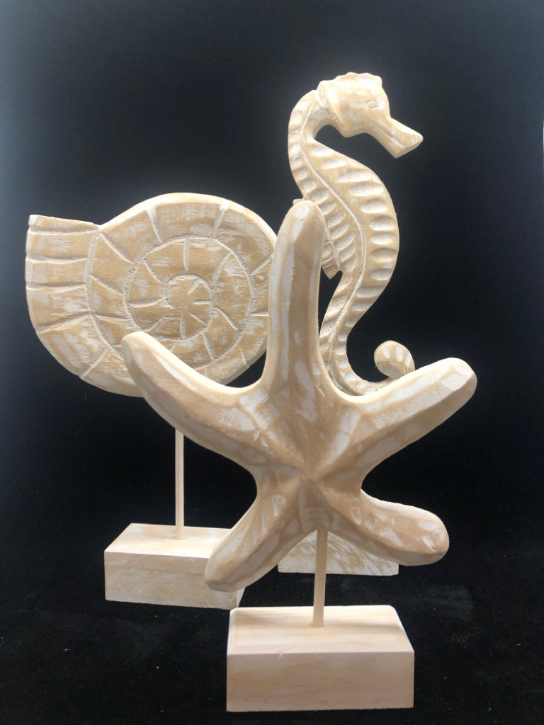 3 WOODEN SEA CREATURES W/INTERCHANGEABLE BASE.