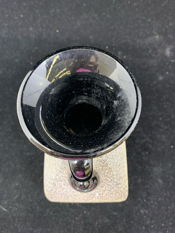 SQUARE BLACK GRAY GLASS VASE WITH HANDLE.
