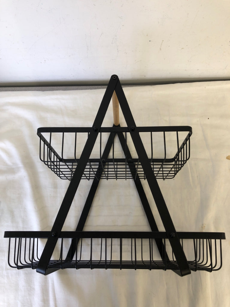 2 TIER BLACK METAL TRAY W/WOOD HANDLE.