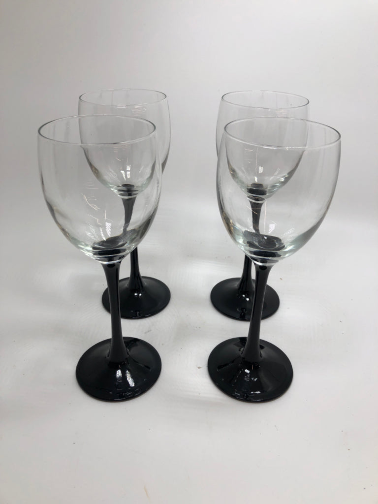 4 BLACK STEMMED CORDIAL GLASSES MADE IN FRANCE.