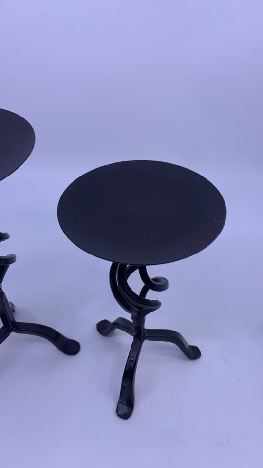 3 METAL SCROLL PILLAR CANDLE HOLDERS.