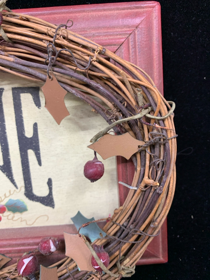 "WELCOME" WOOD FRAME HOLLY/TWIG WREATH WALL HANGING.