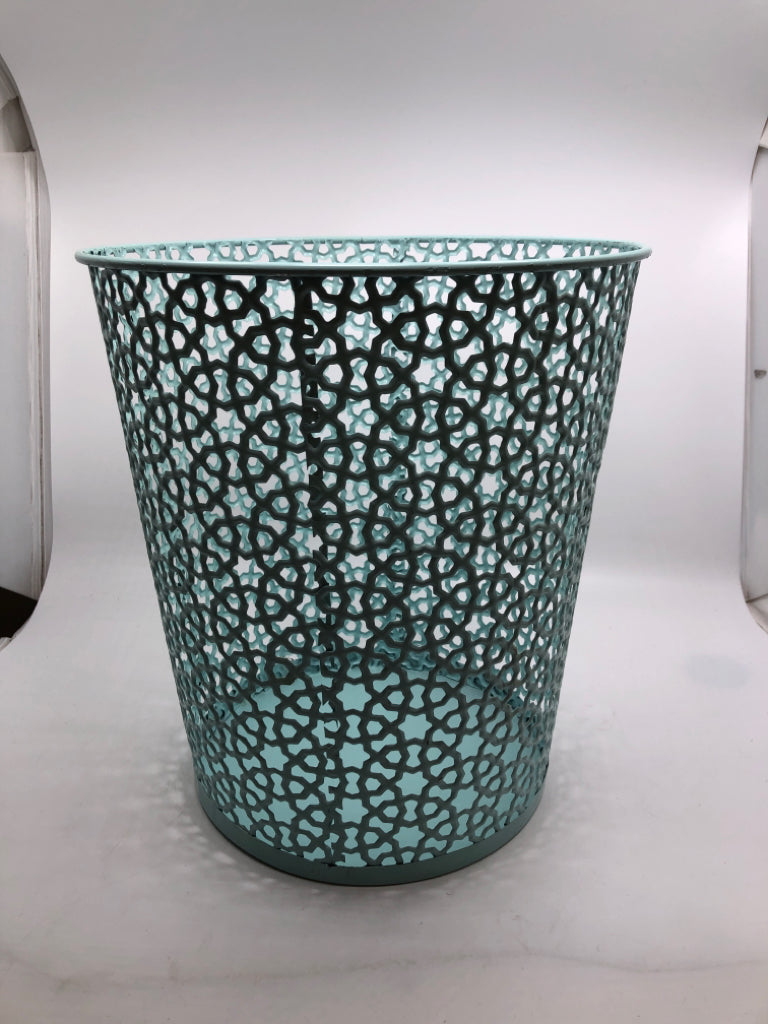 TEAL GEOMETRIC METAL TRASH CAN.