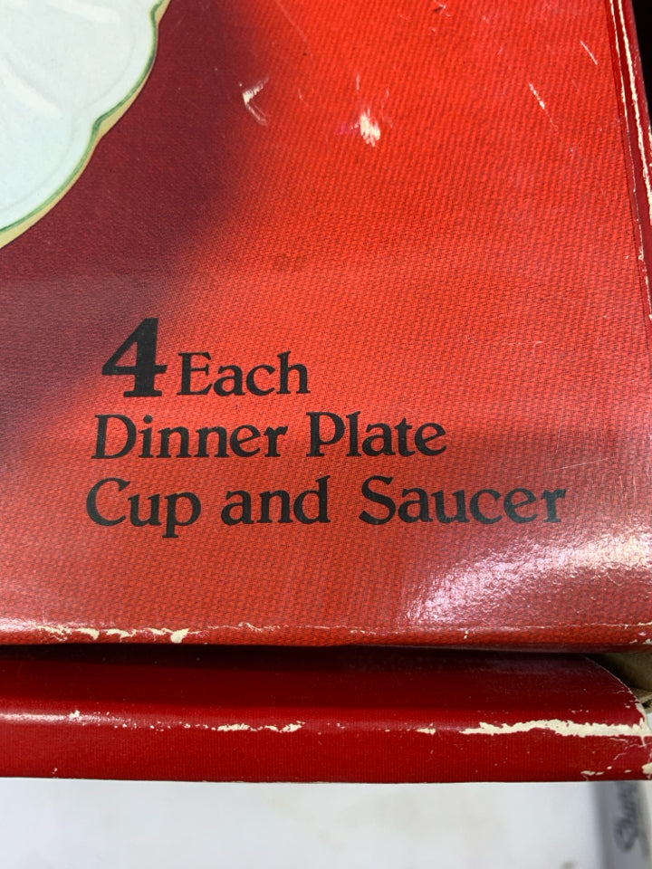 12pc HAPPY HOLIDAYS SVC 4- DINNER PLATES, CUPS, SAUCERS- IN BOX.