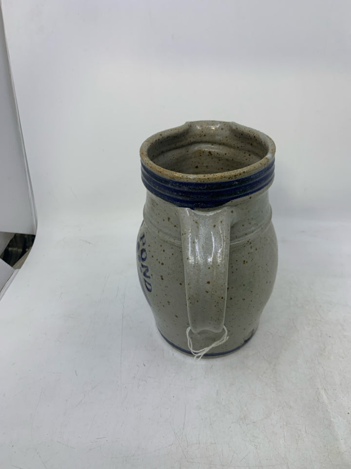 GREY POTTERY PITCHER W/ JORDAN POND.