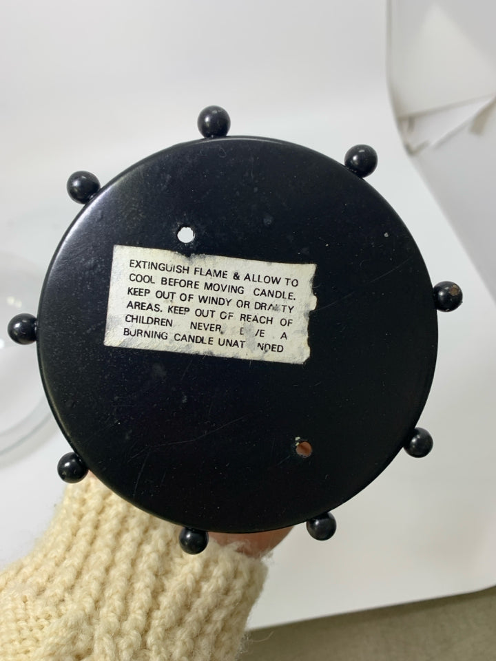 BLACK METAL BASE W/ GLASS DOME LANTERN TEA LIGHT HOLDER.