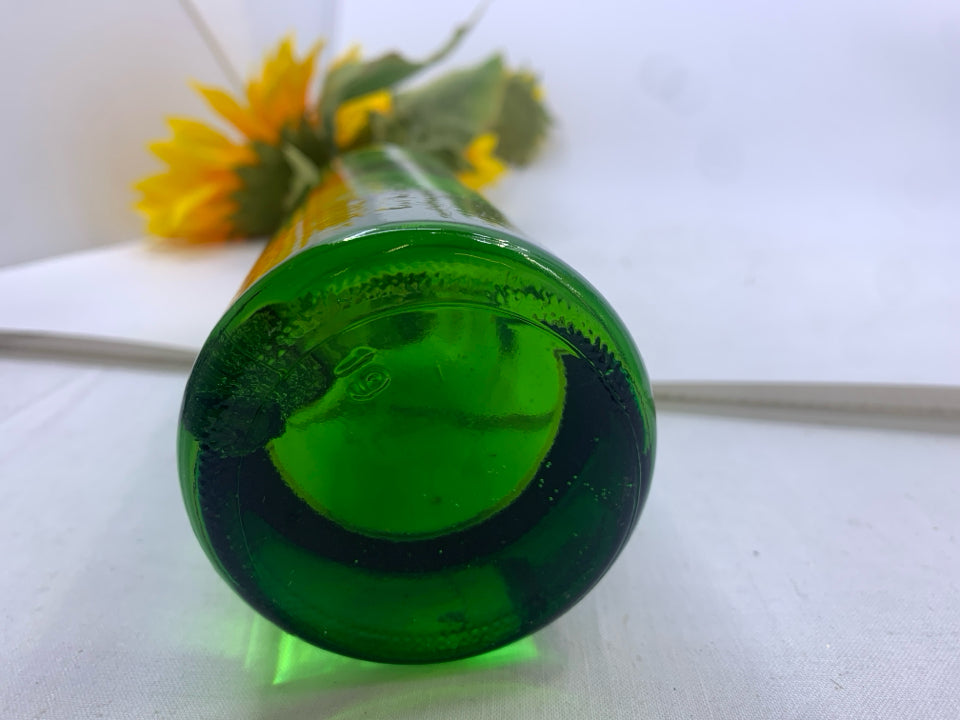 GREEN GLASS VASE W/ FAUX SUNFLOWERS.