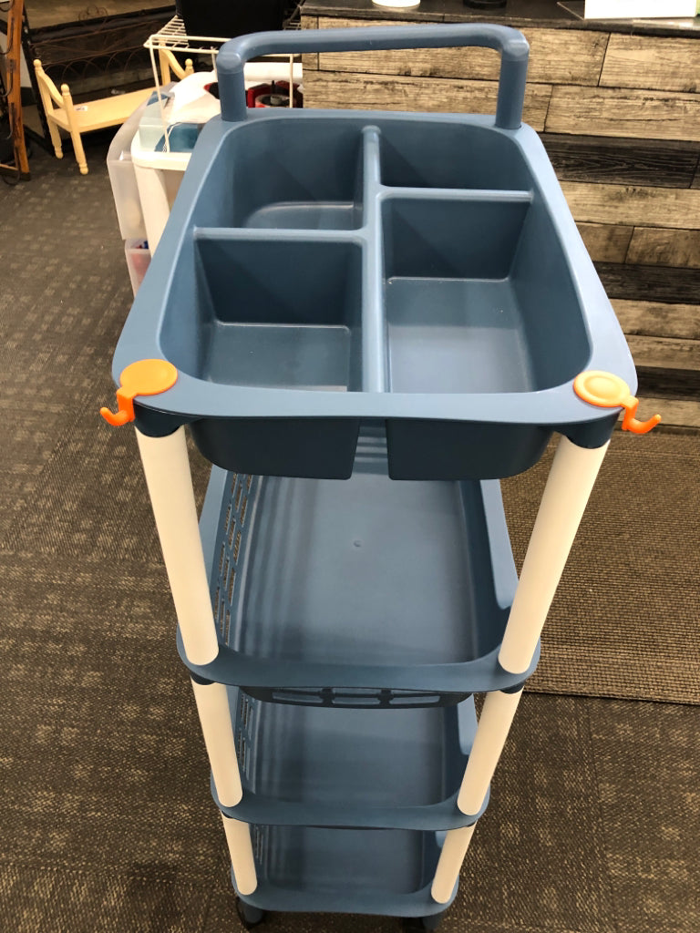 BLUE MULTI-TIER PLASTIC ROLLING CART W/ORANGE HOOKS.
