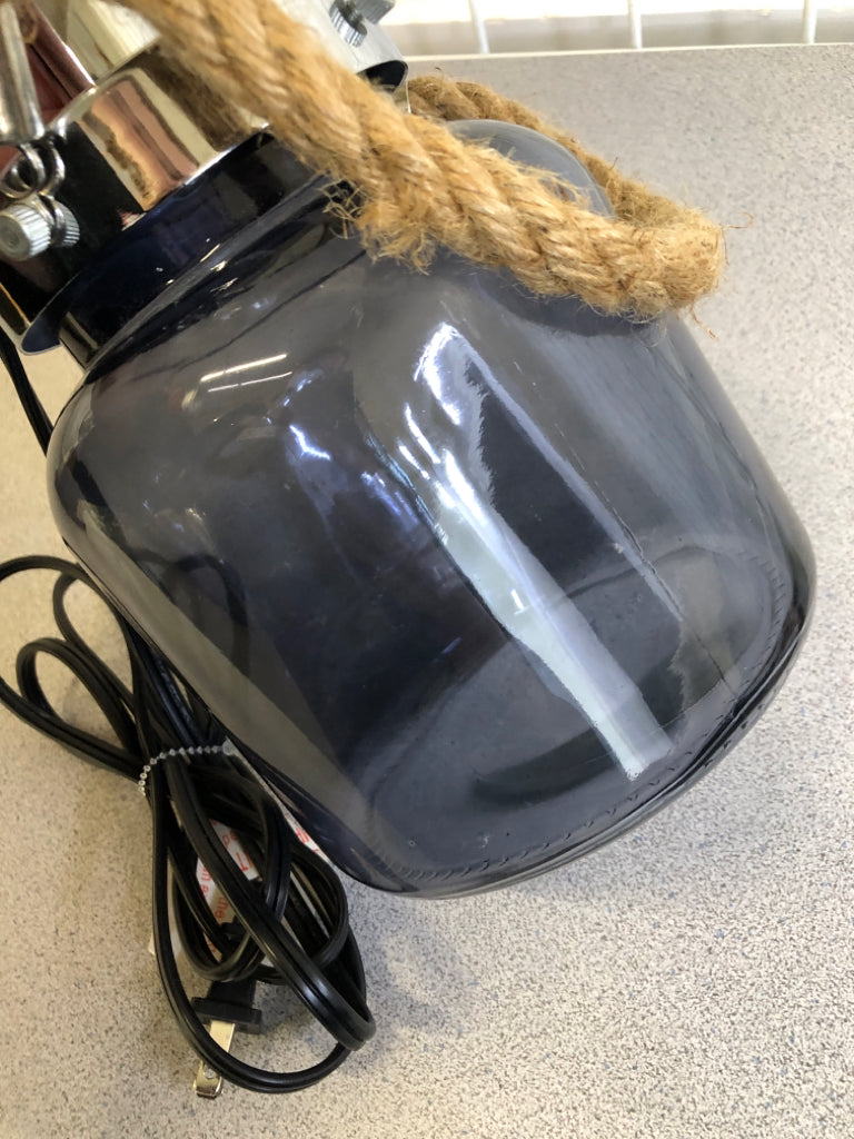 BLUE GLASS LAMP W/ROPE & BURLAP STYLE SHADE.