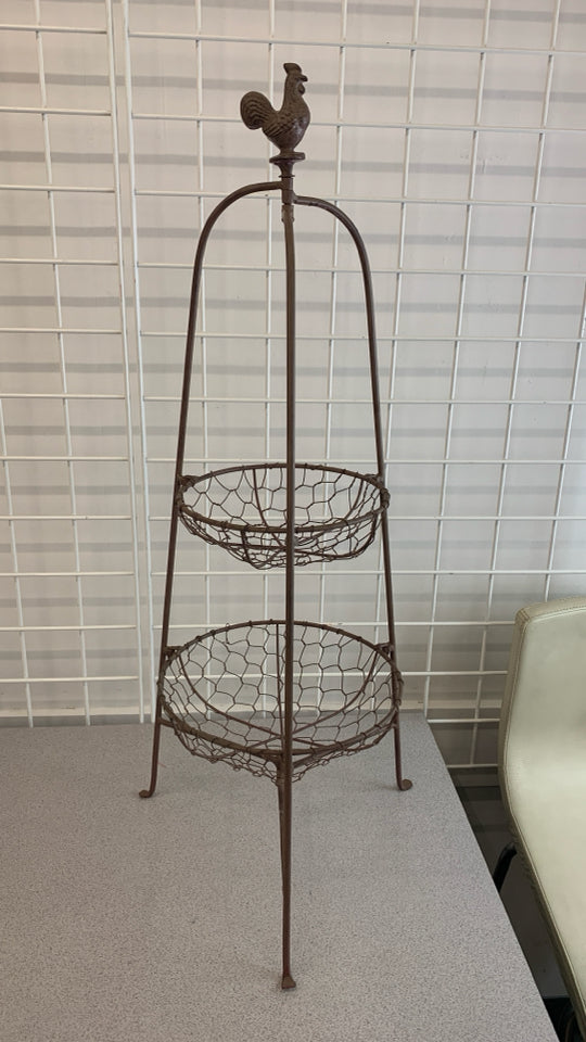 2 TIER BROWN METAL FRUIT BASKET W/ROOSTER.