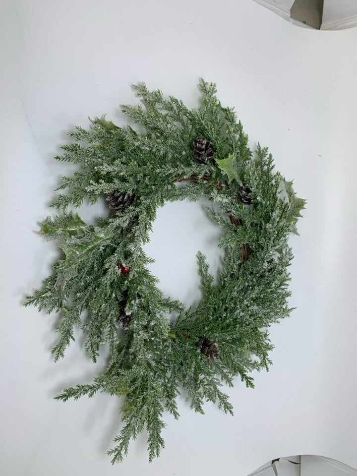 FLOCKED PINE NEEDLES CANDLE WREATH W/ BERRIES / PINECONES.