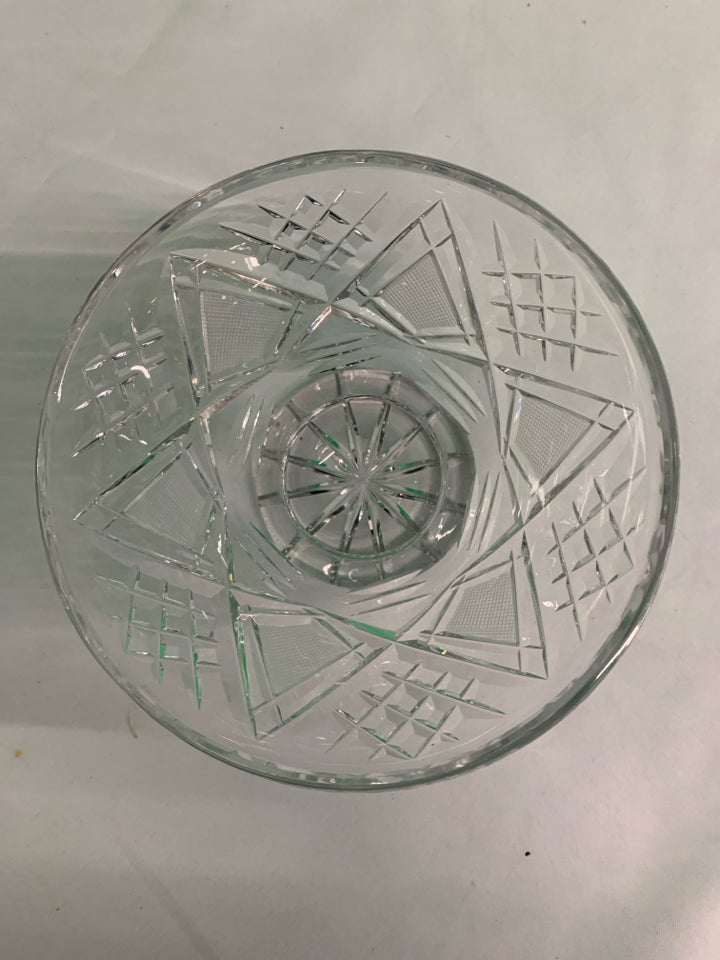 ETCHED FLORAL CRYSTAL FOOTED CANDY DISH.