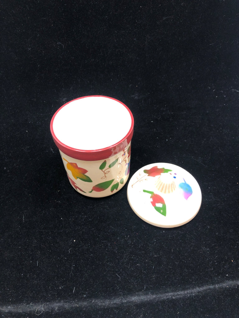 CERAMIC COLORFUL PAINTED LEAF JAR W LID.