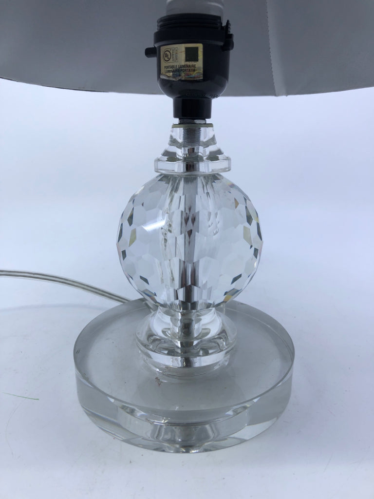 SMALL CLEAR GLASS BASE LAMP W/BLACK SHADE.