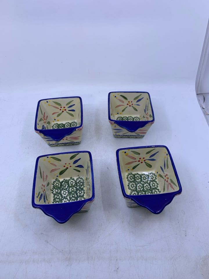 4 BLUE GREEN RED DIP BOWLS W/ HANDLES.