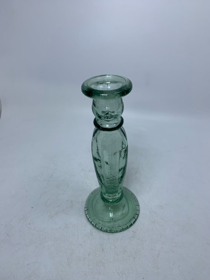 THICK GREEN TINTED GLASS TABLE CANDLE HOLDER.