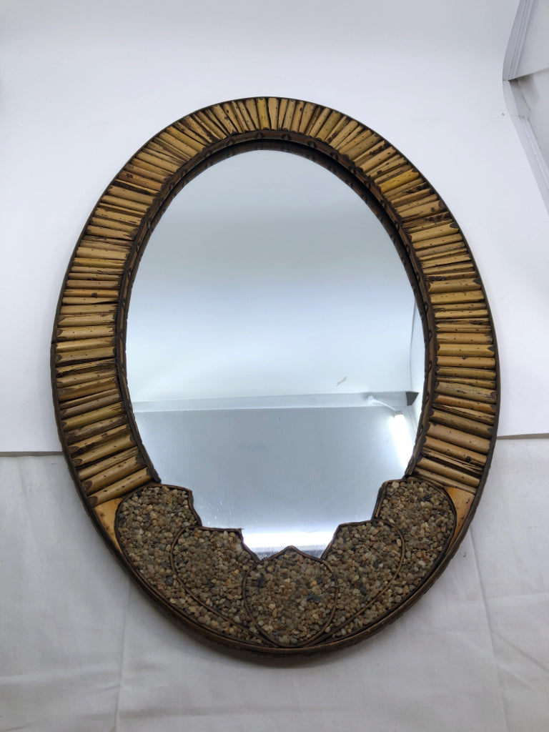 OVAL MIRROR BAMBOO TRIM/ PEBBLE DETAIL.